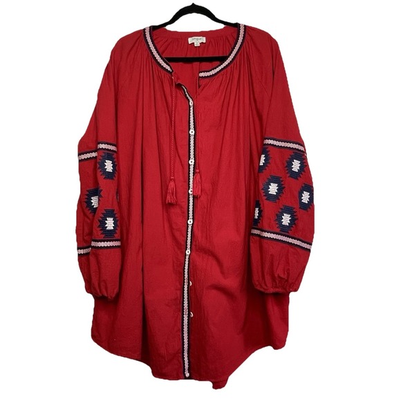 Umgee Women's Boho Peasant Embroidered Shirt Dress Red Balloon Sleeve Red Size M - Picture 2 of 13